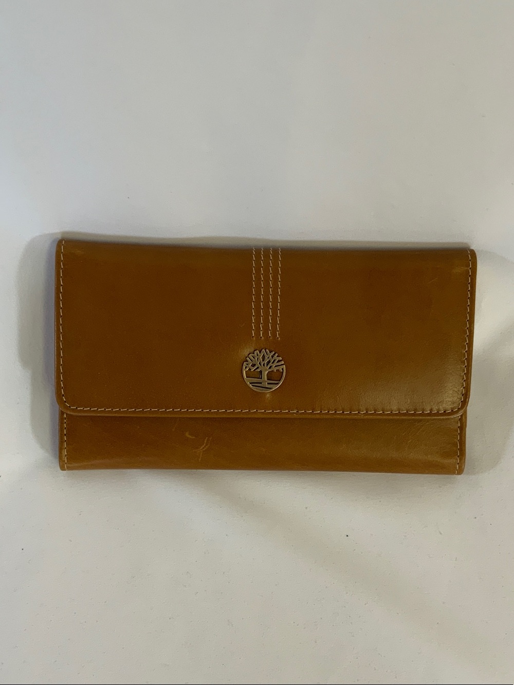 Timberland Cognac Leather Continental Wallet with Tree Emblem